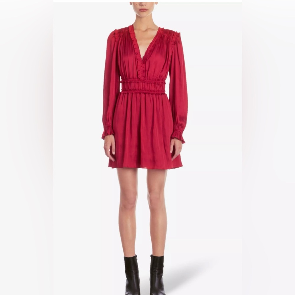 NWT The Kooples Red Ruched Long-sleeved Mini Dress w/ Elastic Waist - US 8 - Picture 2 of 11